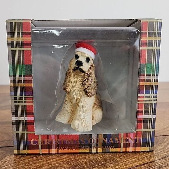 Sandicast Christmas Ornament Cocker Spaniel Dog with Santa Hat 3.5" Tall Buff - Picture 1 of 7